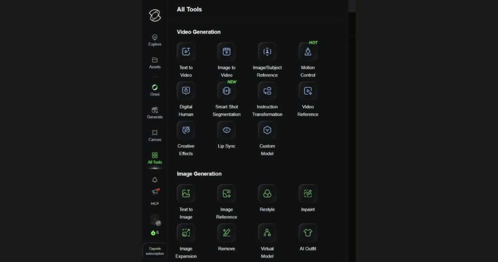 Kling AI All Tools page with video generation features