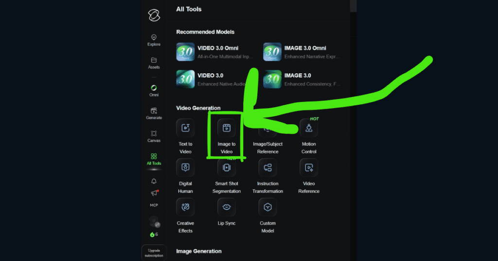 Kling AI Image to Video dashboard interface