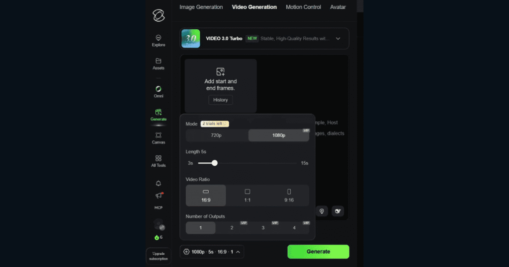 Kling AI Image to Video generation settings