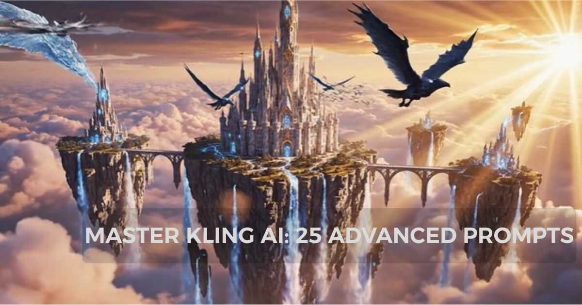 A cinematic 8K view of an ancient mythical floating kingdom above clouds at sunset, representing the best Kling AI prompts guide.