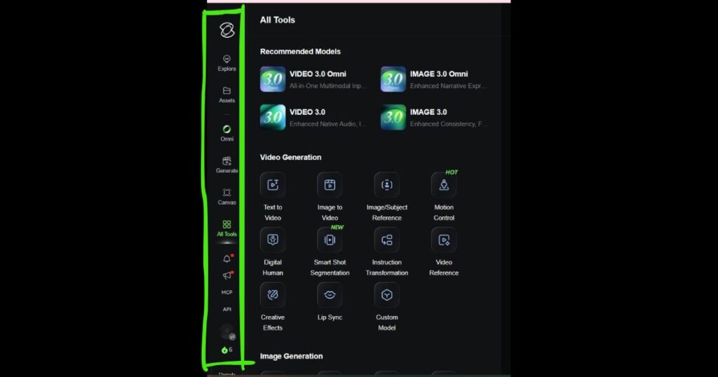 Kling AI dashboard interface showing video generation, AI image tools, Canvas workspace, and API features in 2026