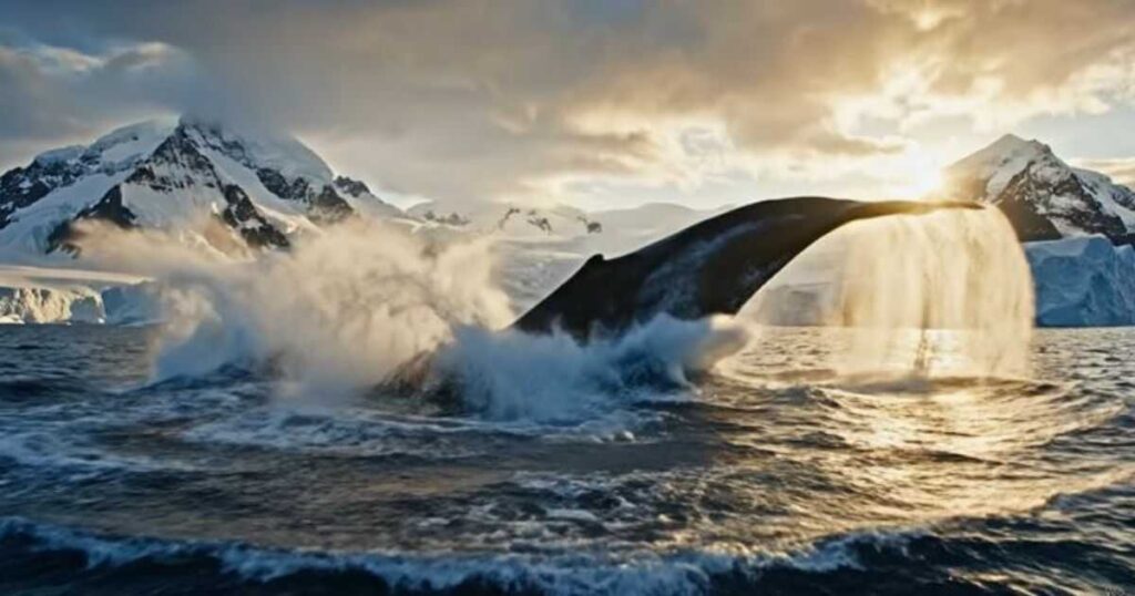An ultra-realistic 8K cinematic video frame capturing a majestic humpback whale breach in Antarctica at sunset, showcasing Kling AI visual quality.