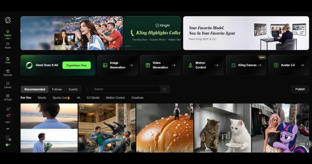 Latest Kling AI dashboard interface showing Explore, Assets, Omni, Generate, Canvas, All Tools, and API sections in the redesigned AI creative platform.