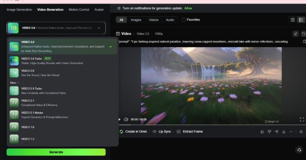 Kling AI Review showing the Video Generation model selection panel with Video 3.0, Video 3.0 Turbo, Video 3.0 Omni, O1, and Video 2.6 available inside Kling AI.