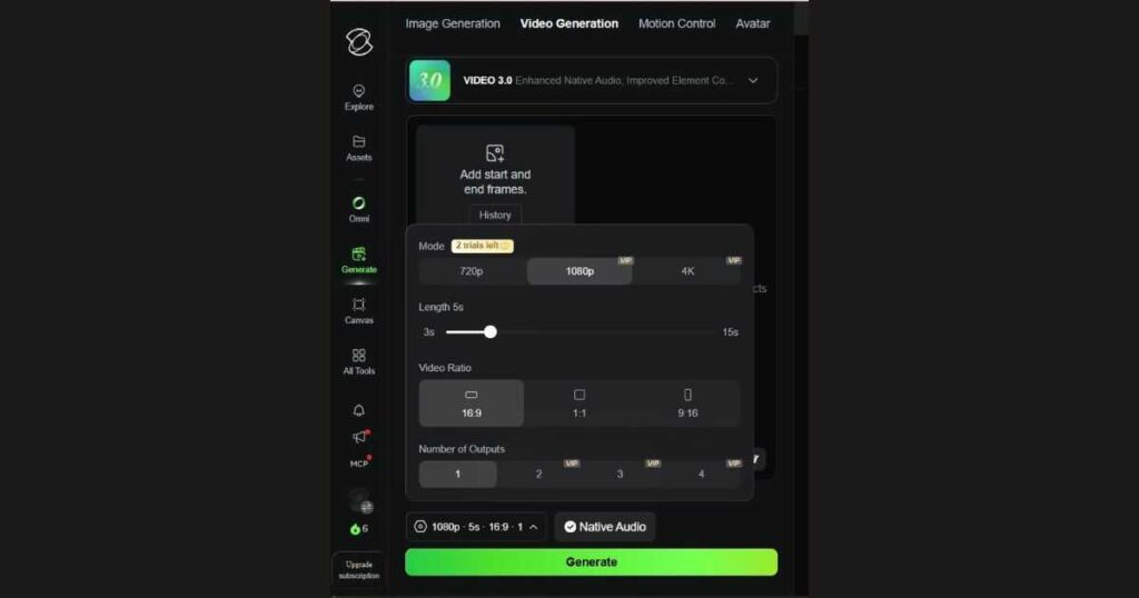 A screenshot of the Kling AI video generation settings panel displaying video resolution options, duration slider, and aspect ratio controls.
