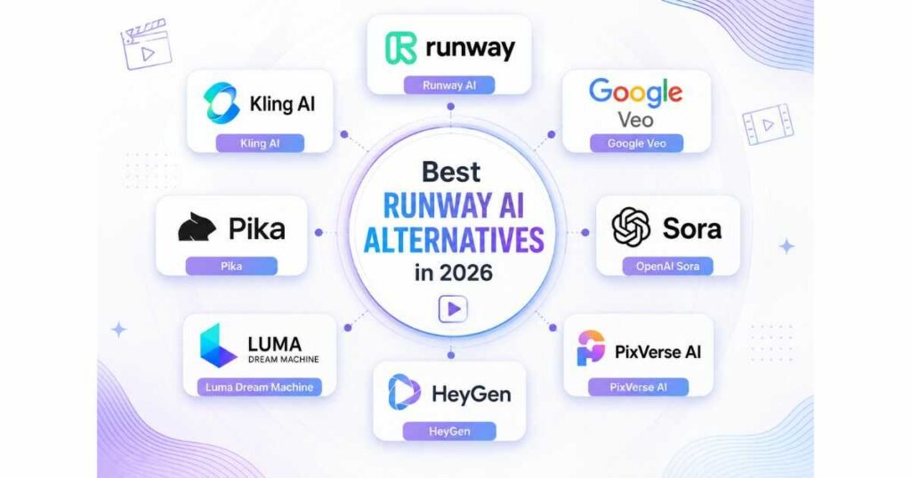 Best Runway AI Alternatives in 2026 comparing Kling AI, Google Veo, OpenAI Sora, Pika, Luma Dream Machine, HeyGen, and PixVerse AI
