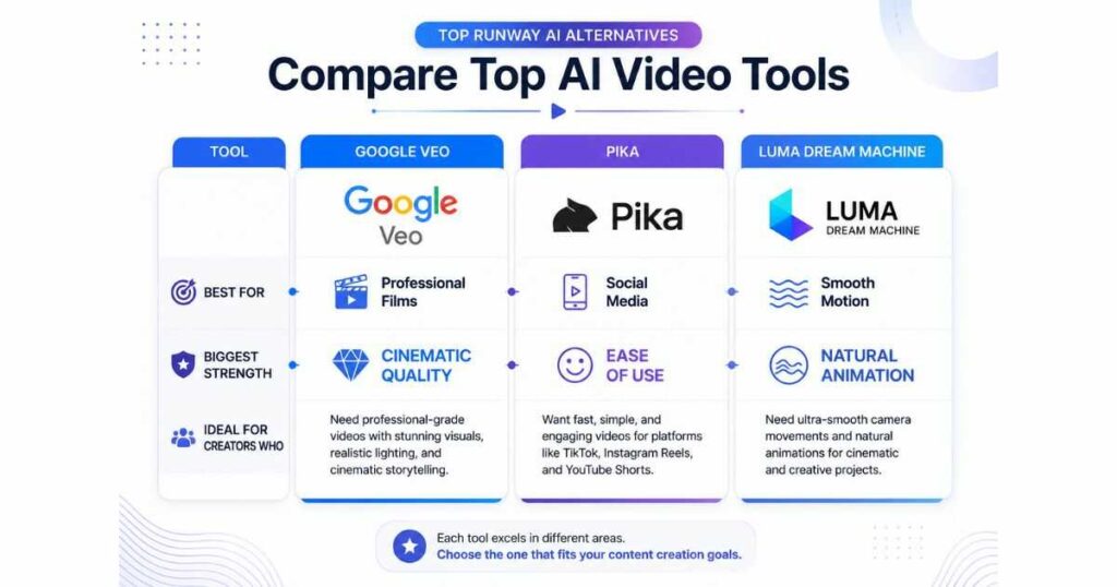 Google Veo vs Pika vs Luma Dream Machine comparison infographic showing the best Runway AI alternatives for professional filmmaking, social media videos, and smooth AI animation