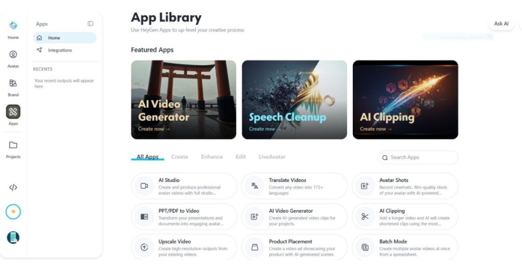 HeyGen AI apps dashboard with built-in video creation tools