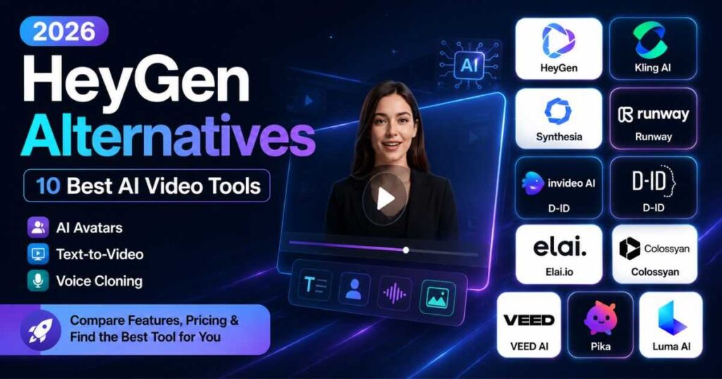 HeyGen Alternatives comparison featuring the best AI video tools including Kling AI, Runway, Synthesia, VEED AI, and Pika in 2026