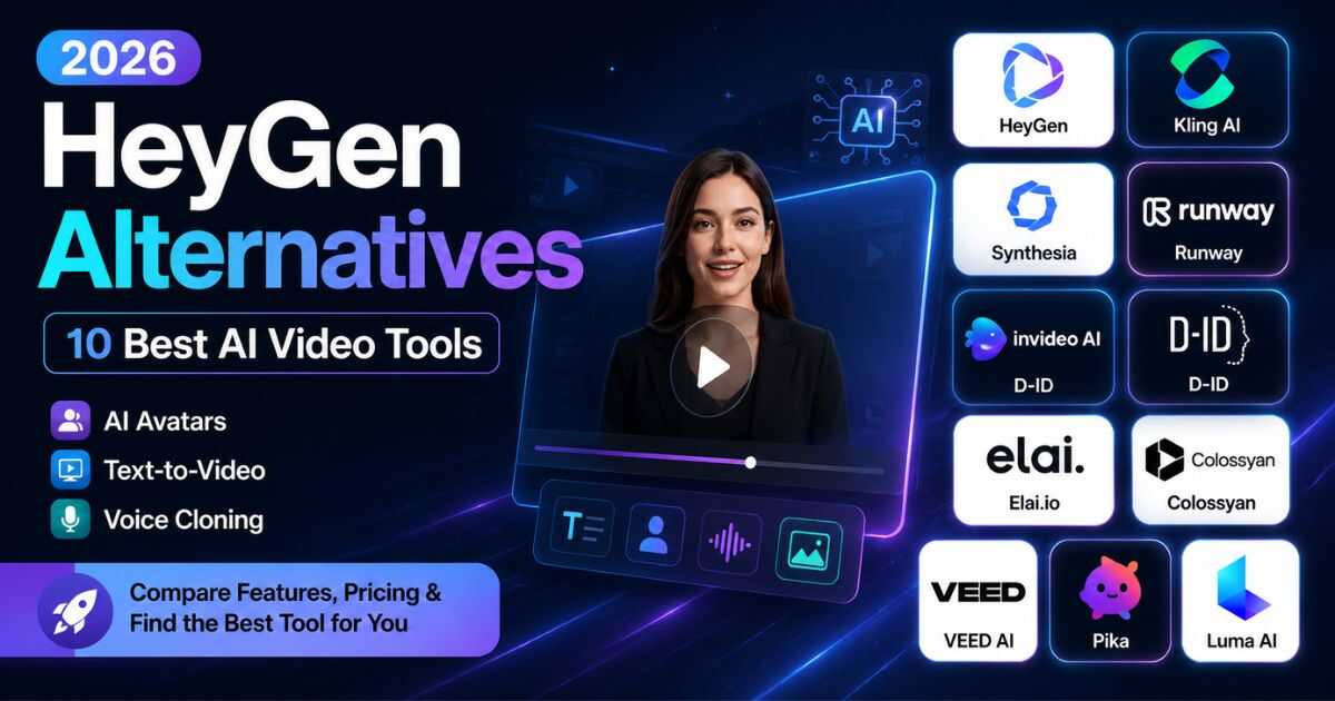 HeyGen Alternatives comparison featuring the best AI video tools including Kling AI, Runway, Synthesia, VEED AI, and Pika in 2026