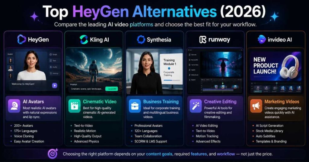 HeyGen Alternatives comparison featuring Kling AI, Synthesia, Runway, and InVideo AI to help creators choose the best AI video platform in 2026.