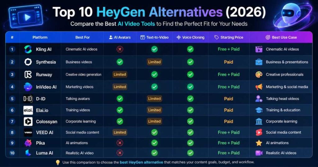 HeyGen Alternatives comparison table showing Kling AI, Synthesia, Runway, InVideo AI, D-ID, Elai.io, Colossyan, VEED AI, Pika, and Luma AI with features, pricing, and best use cases in 2026.