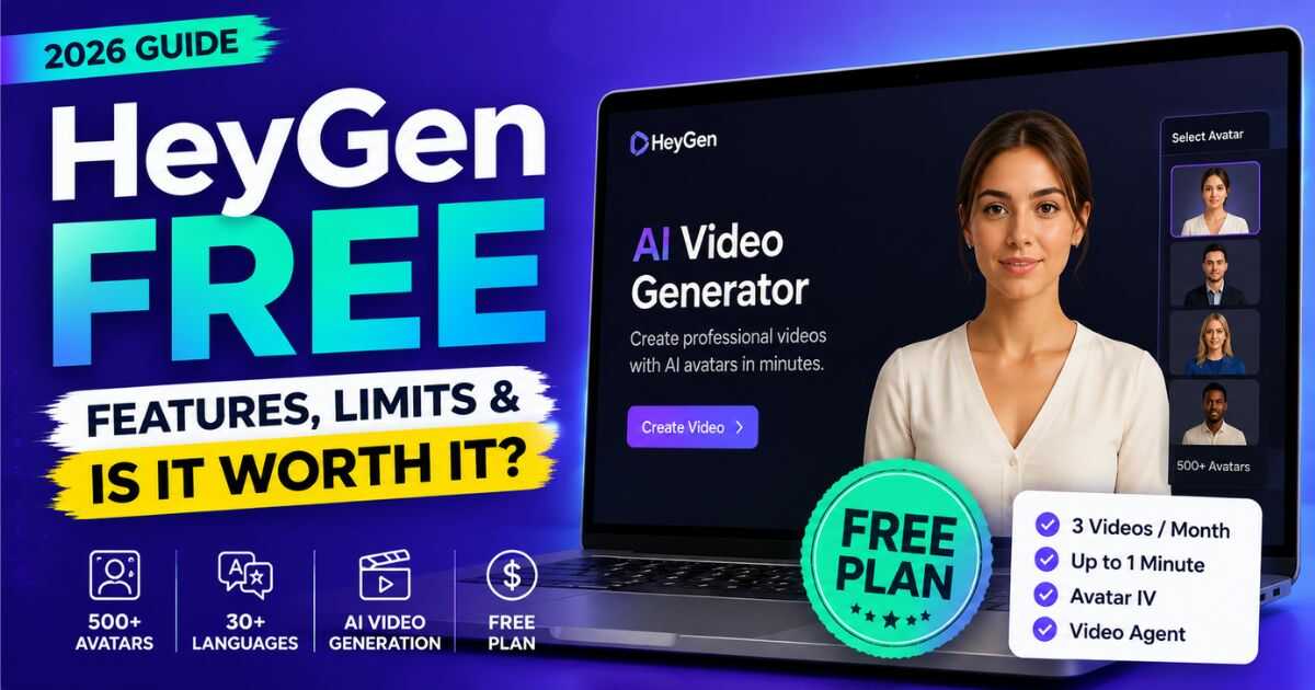 HeyGen Free 2026 guide showing the free plan features, limits, Avatar IV, Video Agent, and AI video generation dashboard.