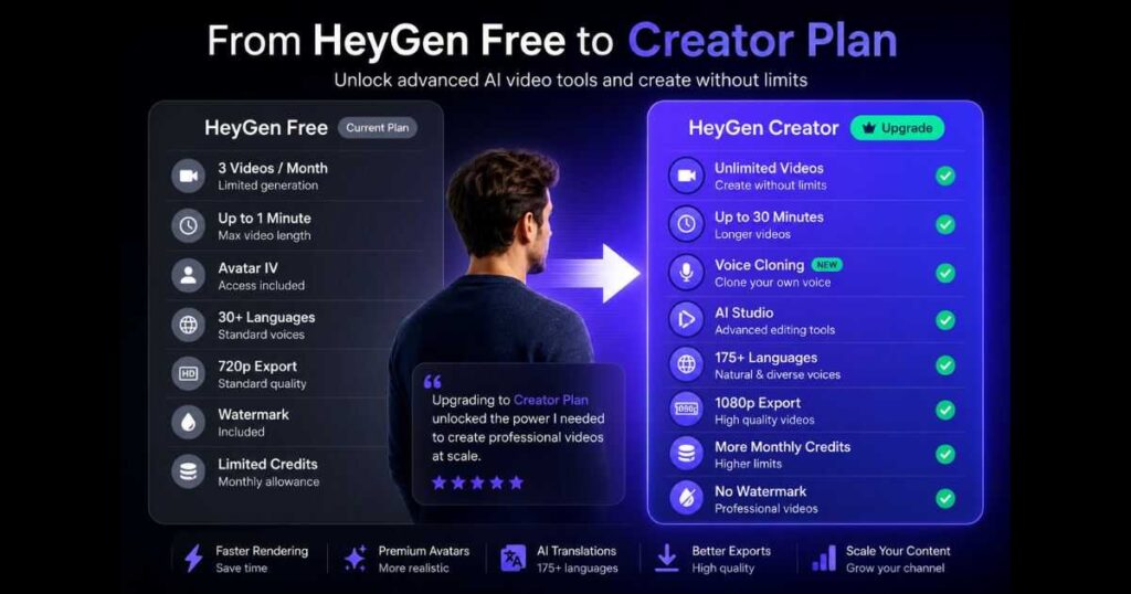HeyGen Free vs Creator plan comparison showing unlocked features including Voice Cloning, AI Studio, 1080p export, and higher monthly credits.