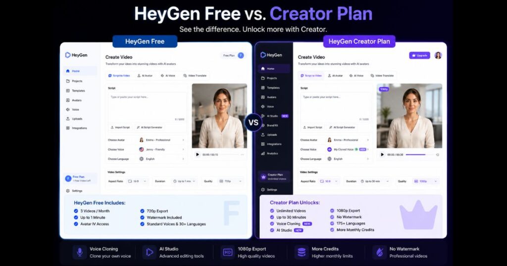 HeyGen Free vs Creator Plan comparison showing Voice Cloning, AI Studio, 1080p export, higher credits, and premium features.