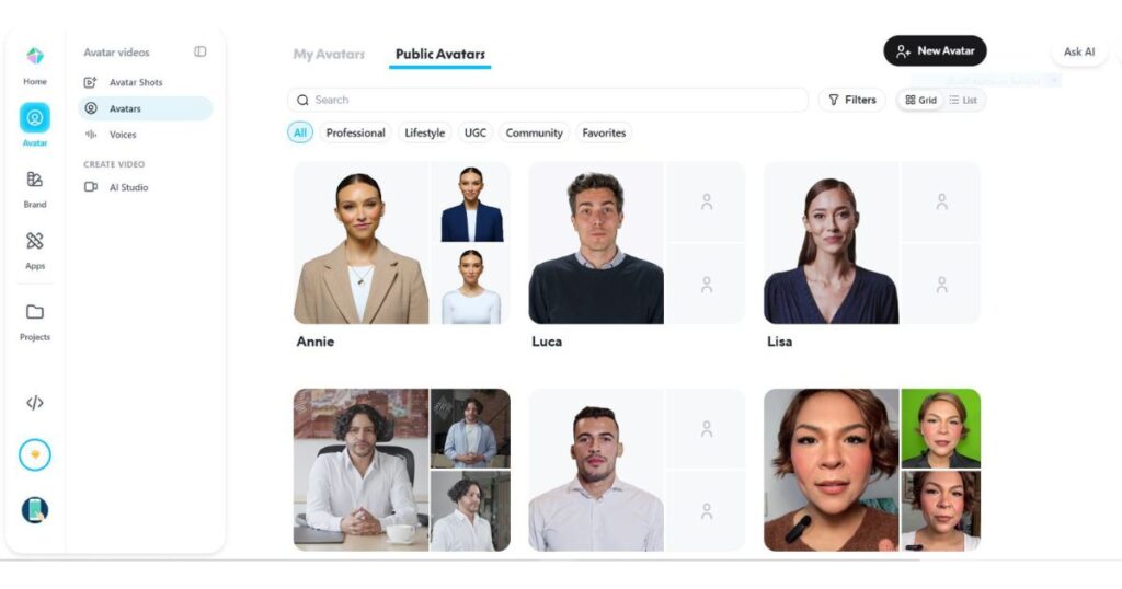 Alt Text:
HeyGen AI avatar library with public avatars