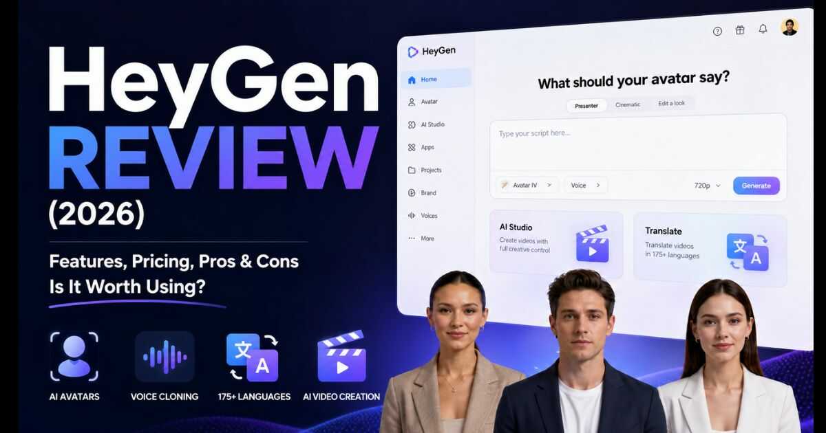 HeyGen Review 2026 dashboard showing AI avatars, video creation, voice cloning, and translation features