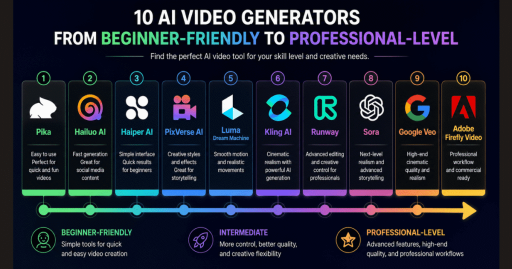 Kling AI Alternatives infographic comparing the best AI video generators from beginner-friendly to professional-level, including Kling AI, Runway, Google Veo, Pika, Luma Dream Machine, OpenAI Sora, Hailuo AI, PixVerse, Haiper AI, and Adobe Firefly Video.