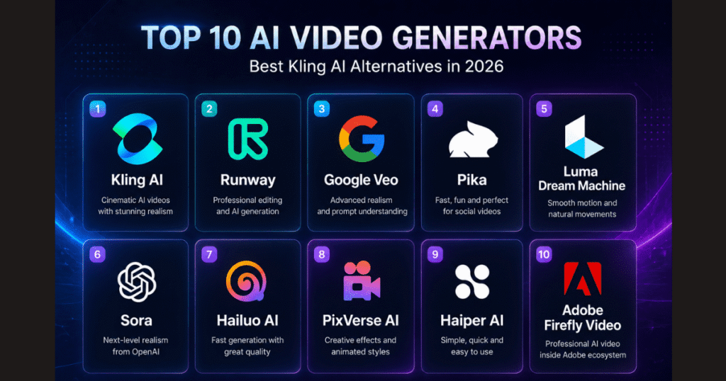 Kling AI Alternatives comparison featuring the top AI video generators in 2026, including Runway, Google Veo, Pika, Luma Dream Machine, OpenAI Sora, Hailuo AI, PixVerse, Haiper AI, and Adobe Firefly Video.