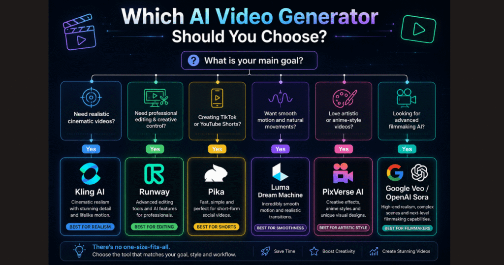 Kling AI Alternatives decision tree infographic helping creators choose the best AI video generator, including Kling AI, Runway, Pika, Luma Dream Machine, PixVerse, Google Veo, and OpenAI Sora based on their creative needs.
