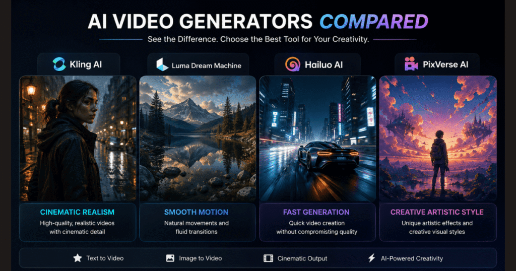 Kling AI Alternatives comparison showing cinematic realism in Kling AI, smooth motion in Luma Dream Machine, fast video generation in Hailuo AI, and creative artistic style in PixVerse AI.