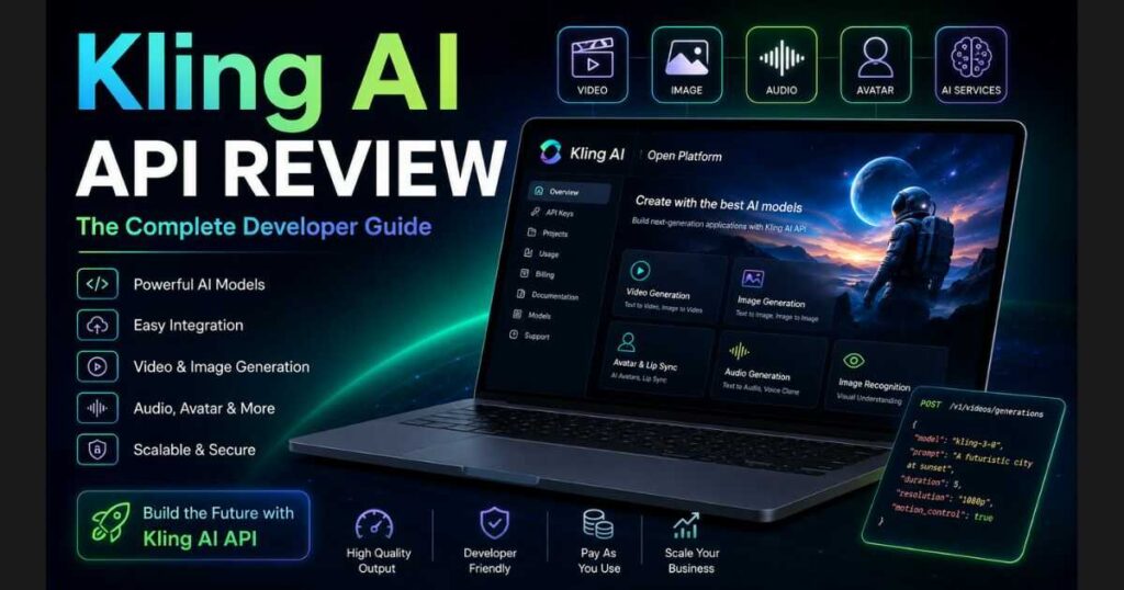 Kling AI API Review hero image showing the Kling AI Open Platform dashboard with API documentation, developer tools, video generation, image generation, and API integration features in 2026.