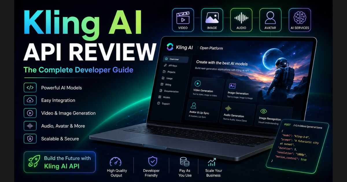 Kling AI API Review hero image showing the Kling AI Open Platform dashboard with API documentation, developer tools, video generation, image generation, and API integration features in 2026.