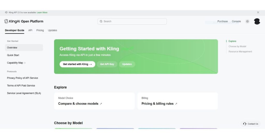 Kling AI API developer dashboard showing project management, API documentation, model navigation, API keys, authentication, and billing tools in the Open Platform.