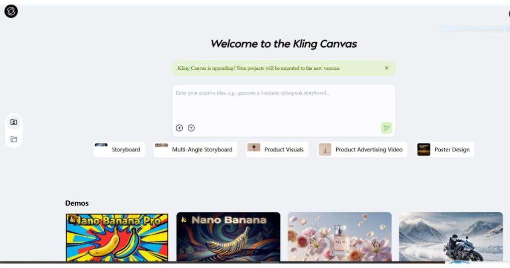 Kling AI Canvas home interface showing creative project templates for storyboards, product visuals, and advertising videos