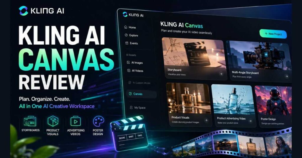 Kling AI Canvas Review showing the Canvas workspace with storyboard templates, product visuals, and AI project management tools.