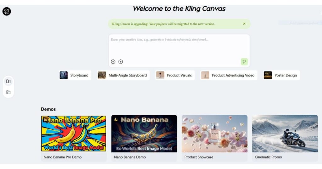 Kling AI Canvas templates for Storyboard, Multi-Angle Storyboard, Product Visuals, advertising videos, and Poster Design