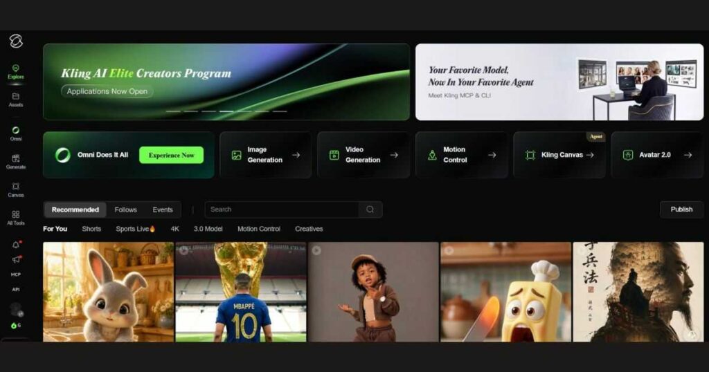 Kling AI Explore page showing Kling O1, Omni, Canvas, Motion Control, Avatar 2.0, image generation, and video generation tools