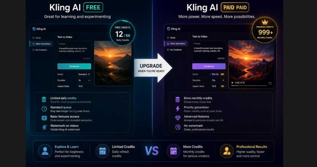 Kling AI Free comparison with the paid plan highlighting credits, features, and video quality