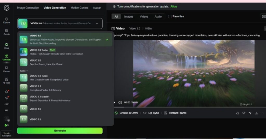 Kling AI Models selection menu inside the Generate workspace showing available video generation models.