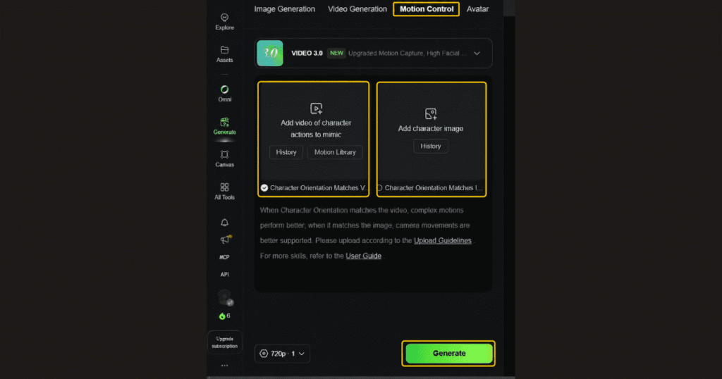 Kling AI Motion Control interface showing the Motion Control tab, character action video upload, character image upload, and Generate button.
