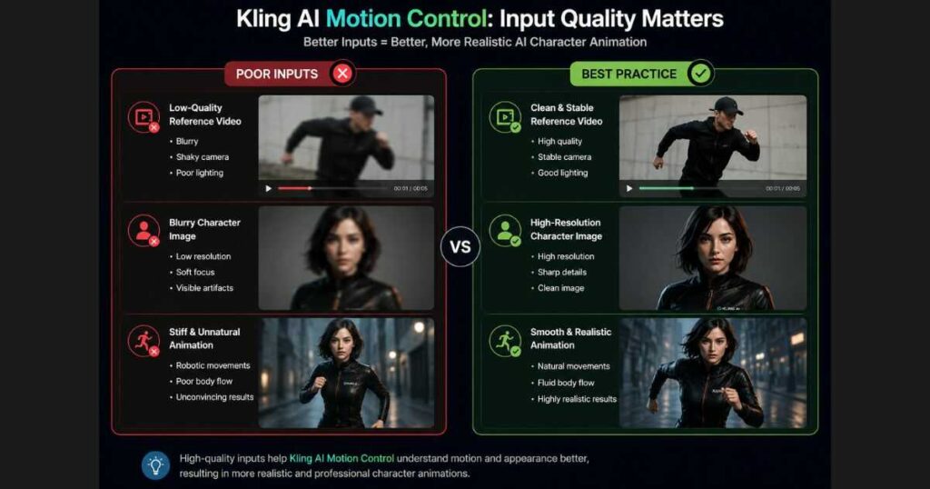 Kling AI Motion Control best practices comparison showing poor inputs versus high-quality reference videos, character images, and realistic AI character animation results.