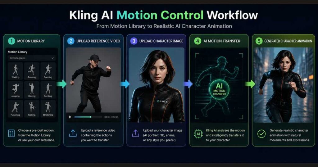 Kling AI Motion Control workflow showing Motion Library, reference video upload, character image upload, AI motion transfer, and generated character animation.