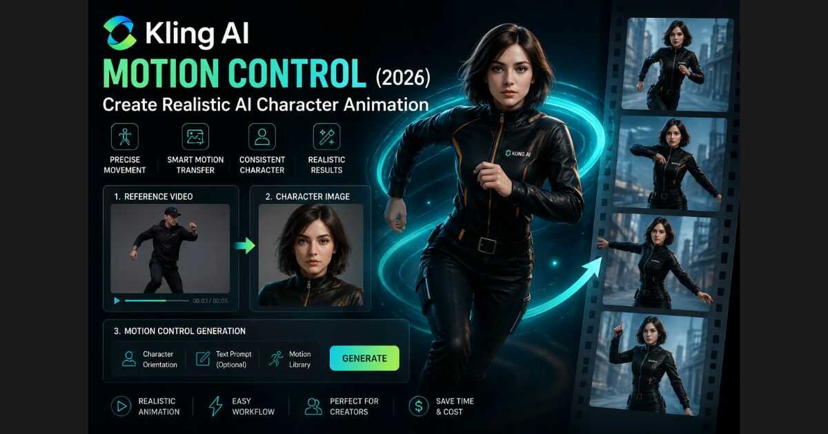 Kling AI Motion Control interface for creating realistic AI character animation from a reference video and character image.