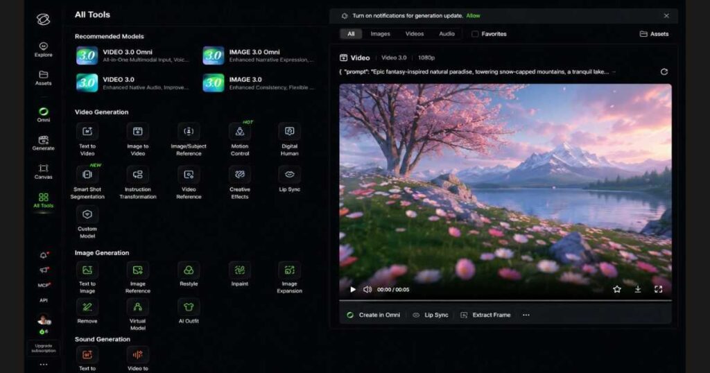 Kling AI Omni All Tools dashboard showing video generation, image generation, sound generation, Motion Control, Digital Human, Text to Image, Restyle, and Lip Sync tools