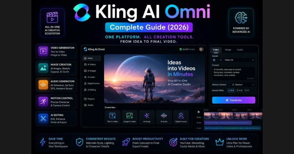 Kling AI Omni Complete Guide 2026 showing an all-in-one AI video and content creation platform