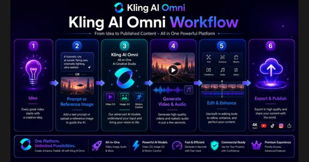 Kling AI Omni workflow from idea to prompt, AI video generation, editing, and publishing