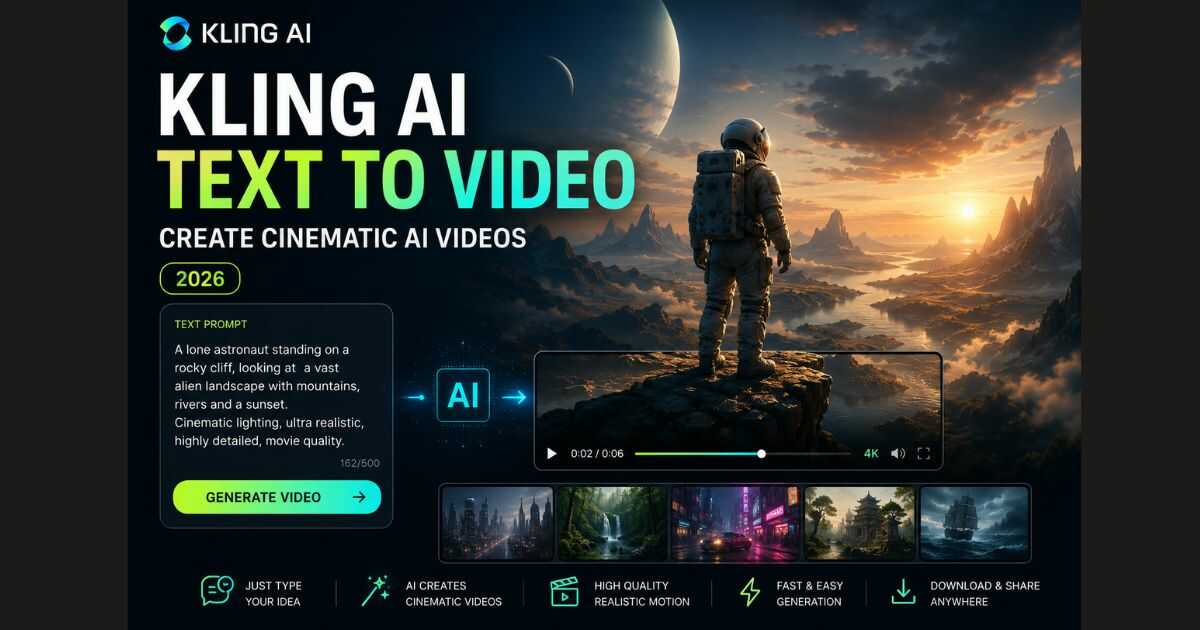 Kling AI Text to Video interface creating cinematic AI videos from text prompts in 2026