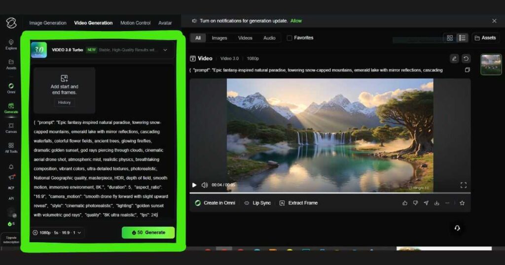 Kling AI Text to Video interface showing the text prompt editor and Generate button for creating cinematic AI videos in 2026