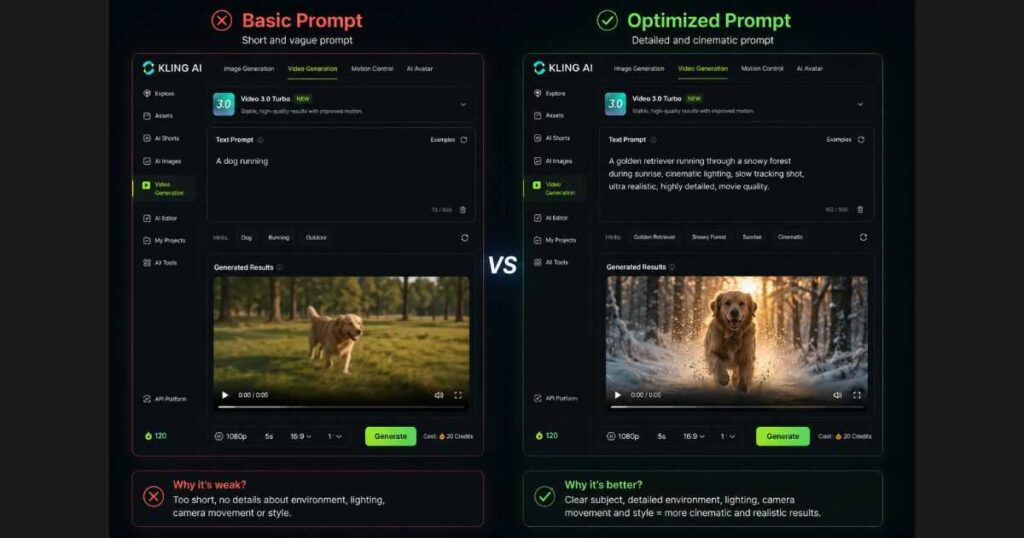 Kling AI Text to Video prompt comparison showing the difference between a basic prompt and an optimized cinematic prompt for better AI video generation