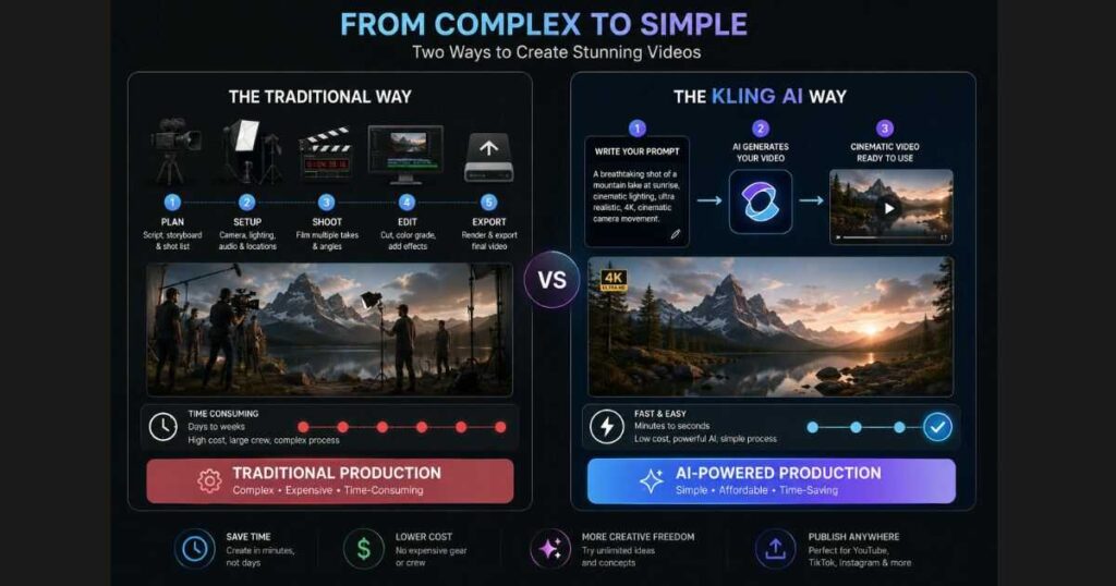 Kling AI Text to Video workflow compared with traditional video production showing how AI simplifies cinematic video creation from text prompts