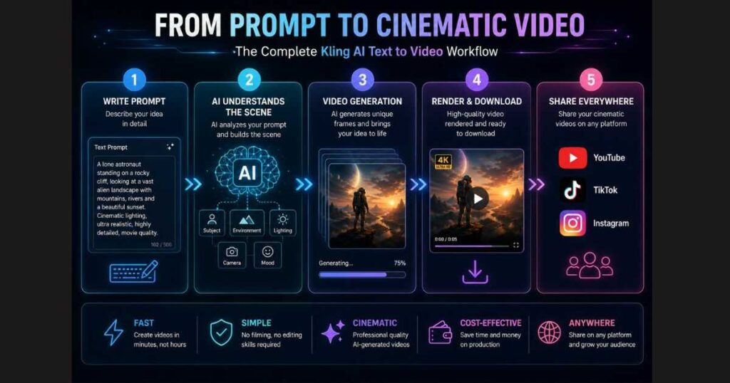 Kling AI Text to Video workflow showing how to create cinematic AI videos from writing a prompt to rendering, downloading, and sharing on YouTube, TikTok, and Instagram