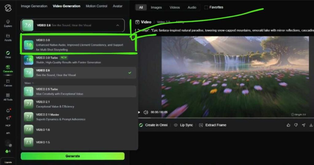 Kling AI Video 3.0 model selection panel showing Video 3.0, Video 3.0 Turbo, Video 2.6, and earlier AI video generation models.