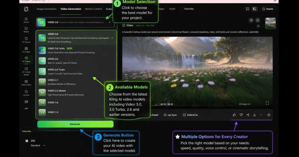 Kling AI Video 3.0 model selection interface showing Video 3.0, Video 3.0 Turbo, Video 2.6, and earlier AI video generation models inside Kling AI.