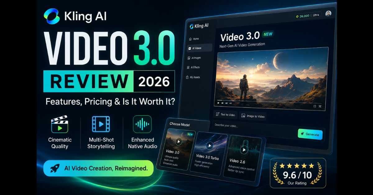 Kling AI Video 3.0 Review showing the new AI video generation model with enhanced native audio, multi-shot storytelling, and improved scene consistency.