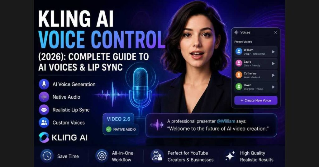 Kling AI Voice Control interface showing AI voices, Native Audio, lip sync, and custom voice creation in VIDEO 2.6